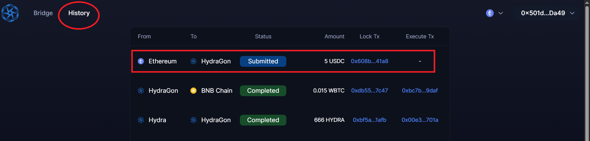 View bridging progress on History tab
